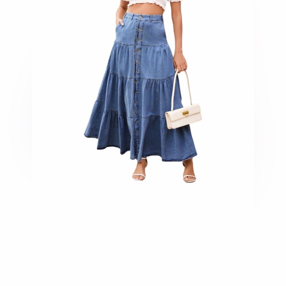 Elastic High Waisted A Line Long Denim Skirt Button Ruffle Tiered Jean pocket - Picture 1 of 4
